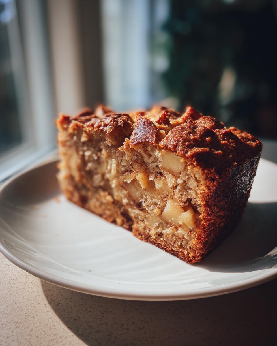 A close-up, sunlit slice of moist jewish apple cake showing chunks of baked apple inside.