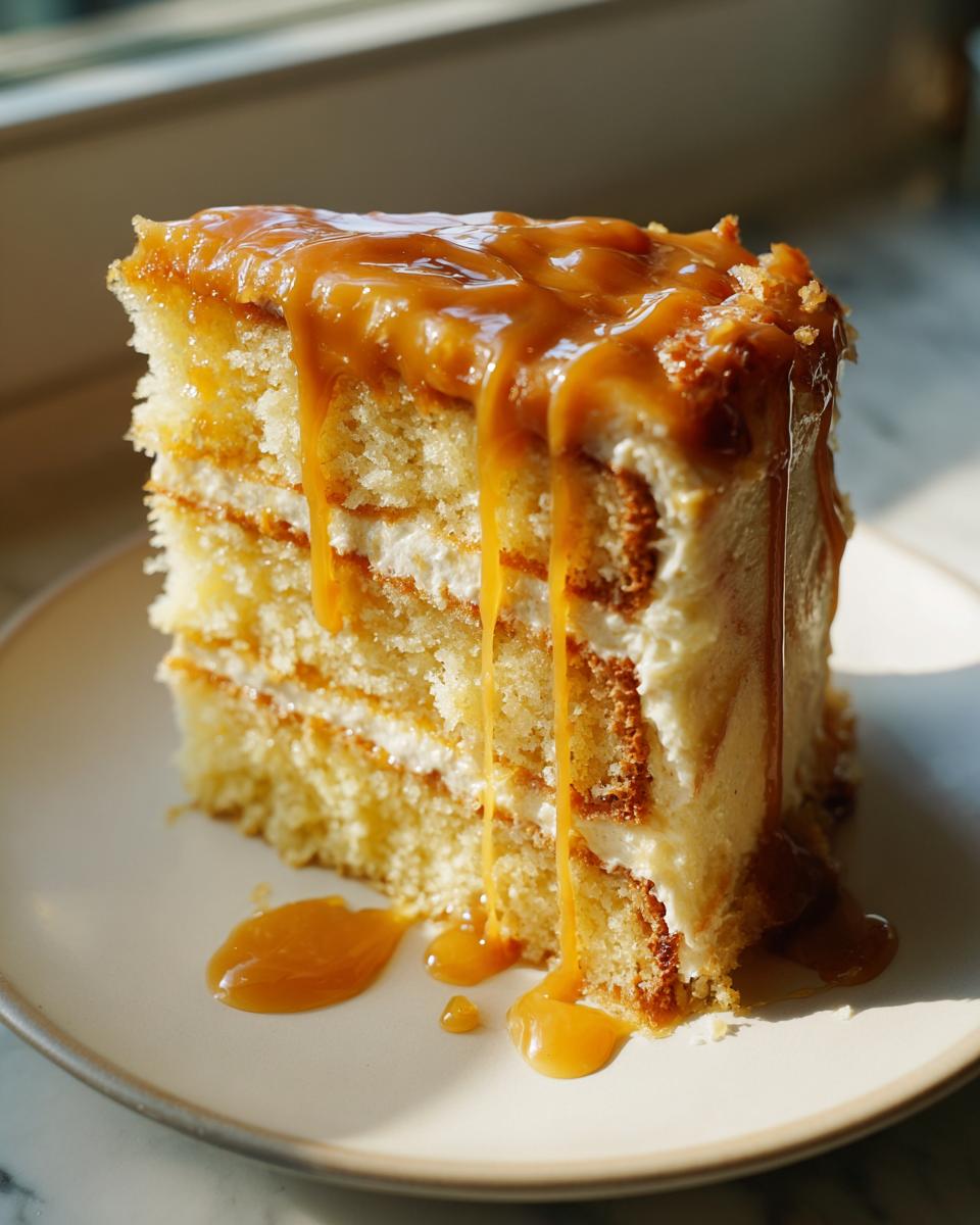 A tall slice of layer cake with white frosting and rich caramel sauce dripping down the sides, perfect for a caramel cake recipe.