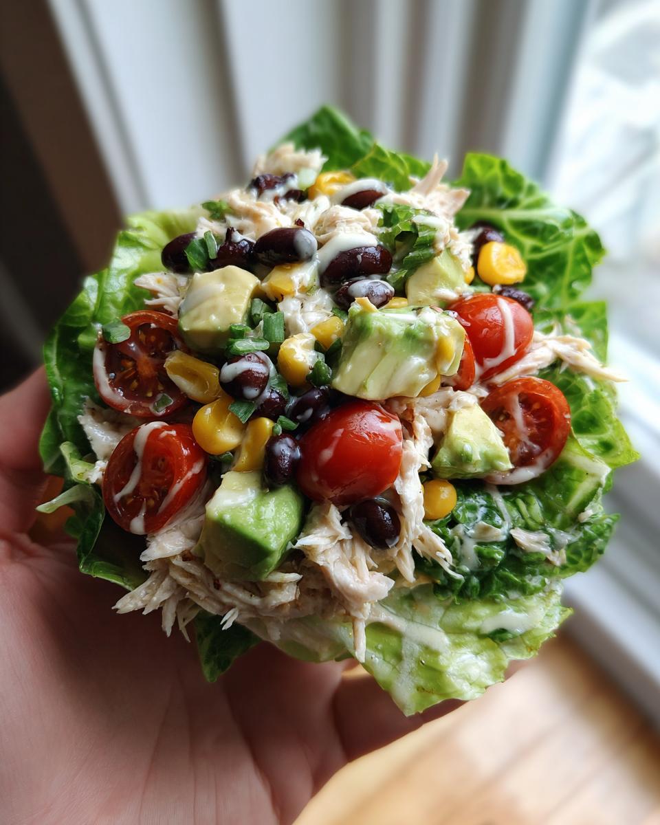 A hand holding a vibrant high protein salad served in large lettuce cups with shredded chicken, avocado, and black beans.