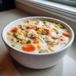 Close-up of a white bowl filled with creamy pot pie soup featuring shredded chicken, carrots, peas, and corn.