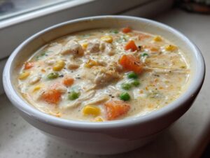 Close-up of a white bowl filled with creamy pot pie soup featuring chicken, carrots, peas, and corn.