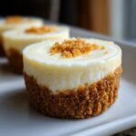 A close-up of one perfect mini cheesecake cupcakes with a thick graham cracker crust and a sprinkle of crumbs on top.