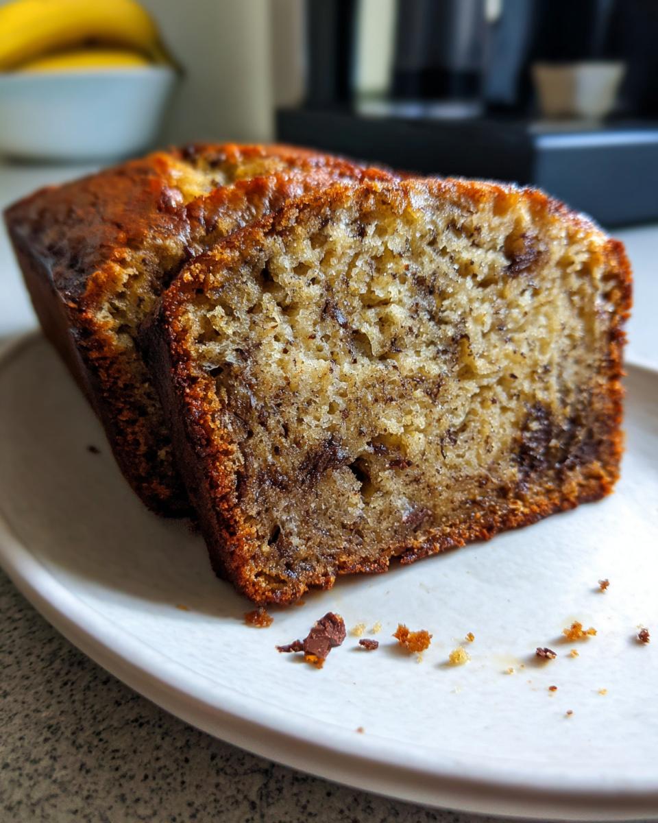 Close-up of two thick slices of moist banana bread recipe with visible chocolate chips on a white plate.