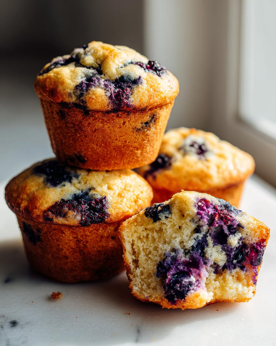Close-up of moist blueberry cottage cheese muffins, one cut open showing the soft interior.