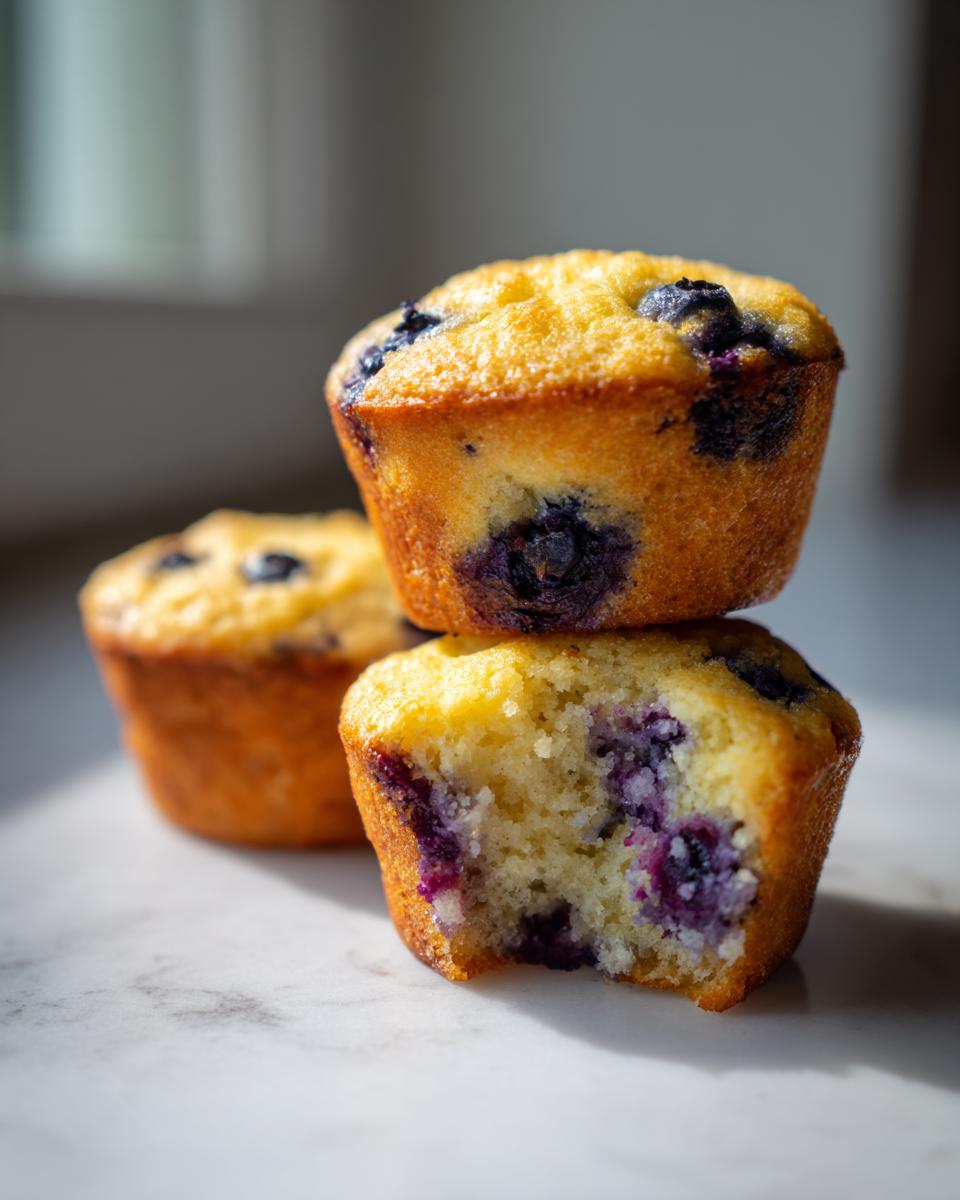 Close-up of stacked blueberry cottage cheese muffins, one with a bite taken out showing the moist interior.