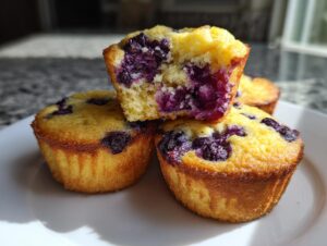 Close-up of moist blueberry cottage cheese muffins, one cut in half showing the interior.