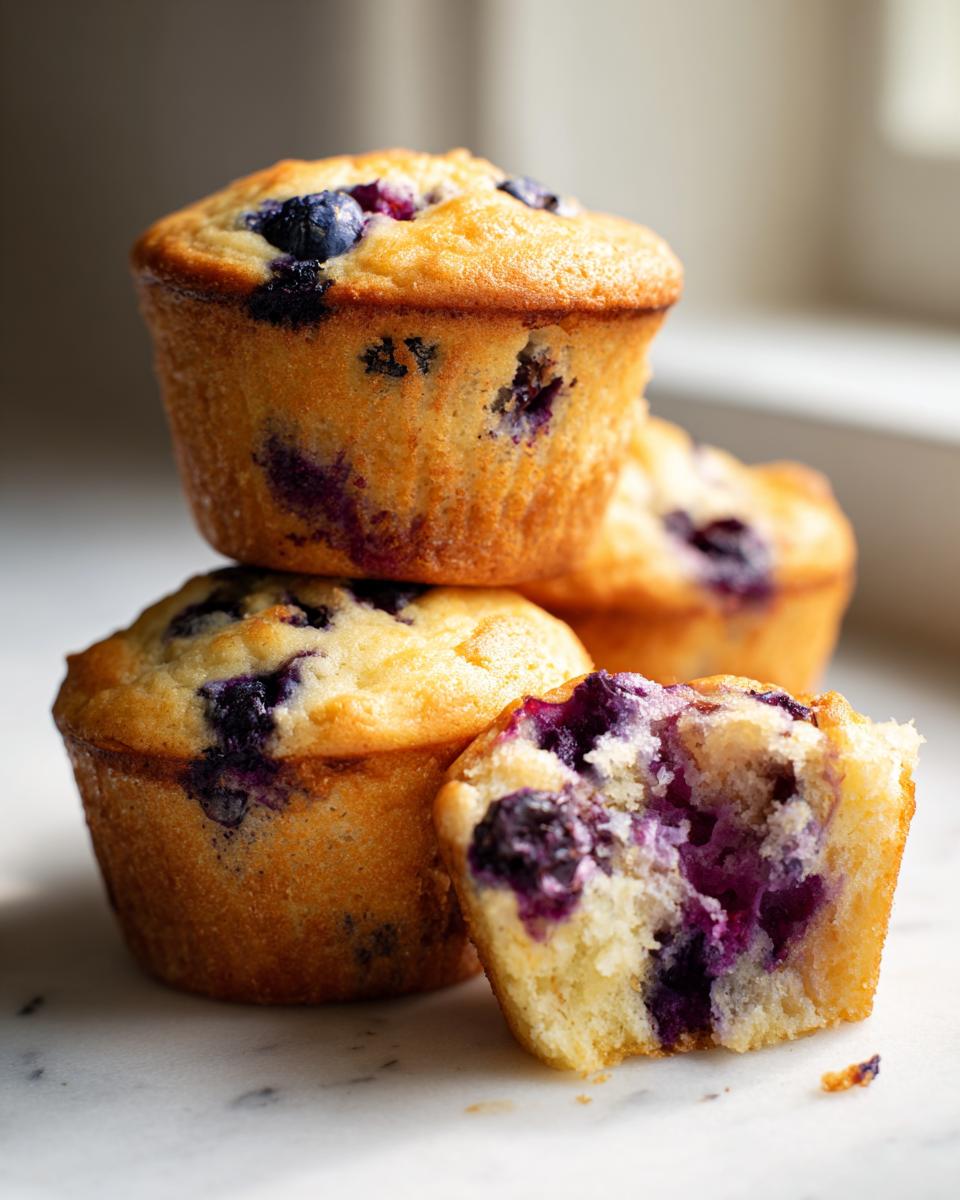 Close-up of moist blueberry cottage cheese muffins, one broken open showing the soft interior.