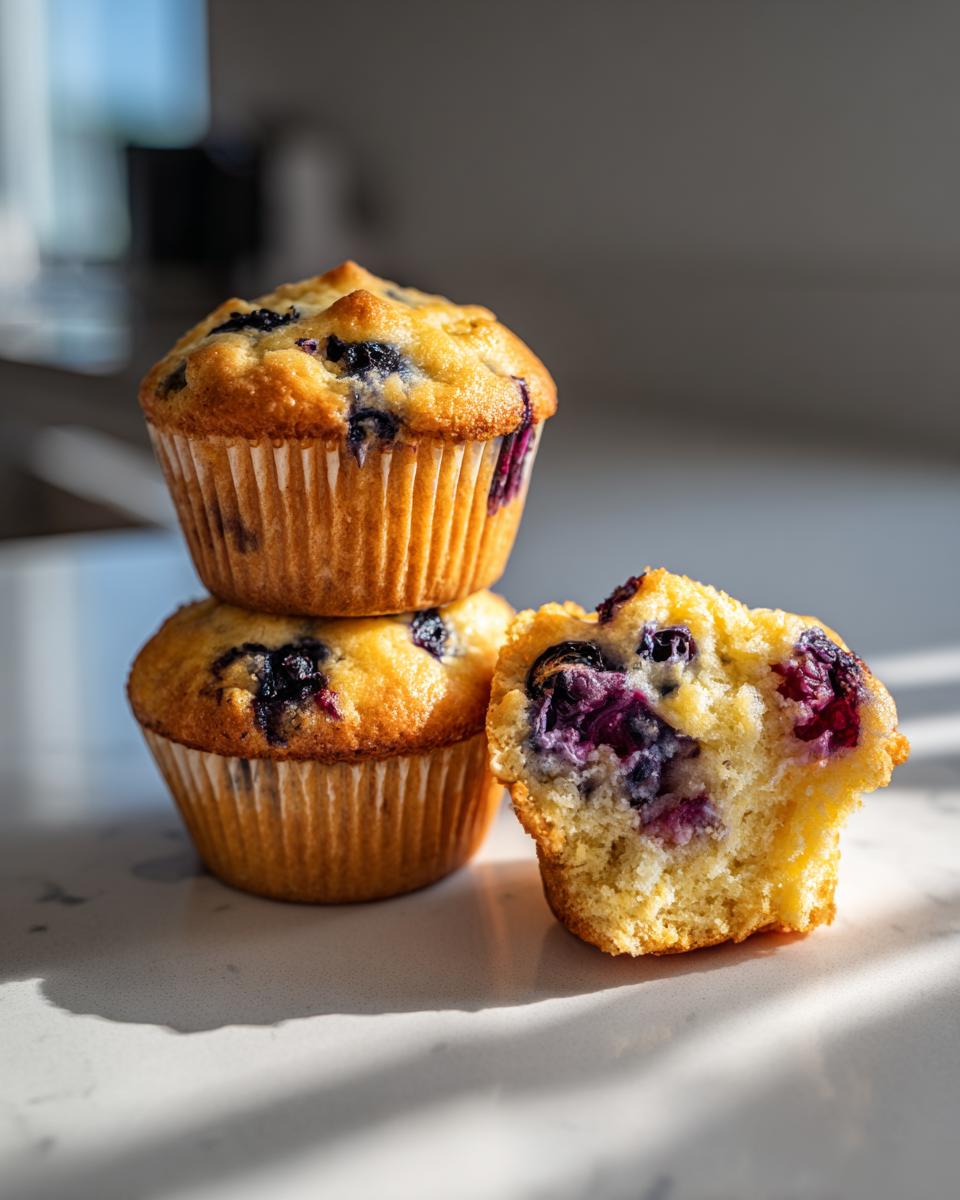 Three blueberry cottage cheese muffins stacked, with one broken open showing the moist interior.