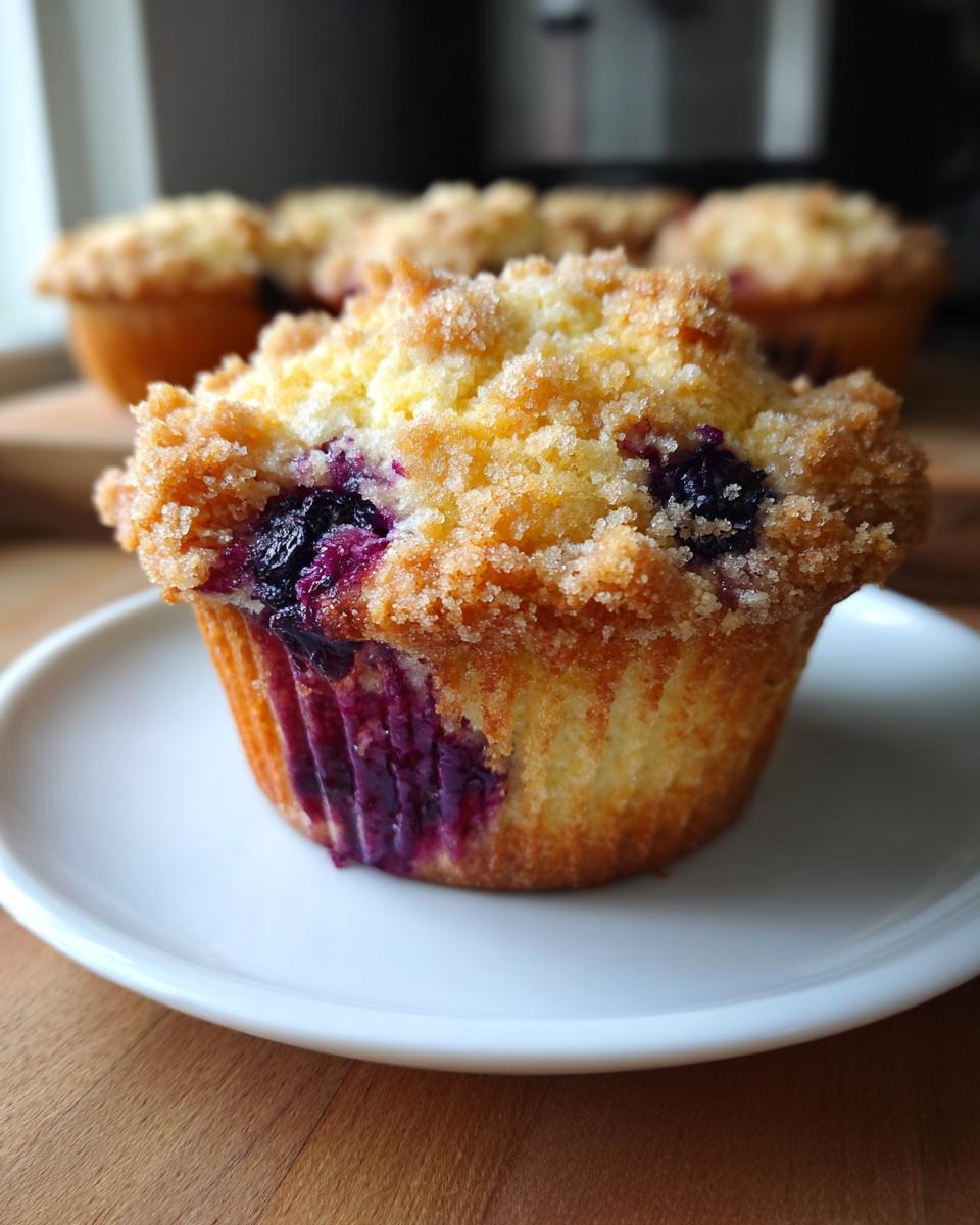 Close-up of a fluffy blueberry muffin with a sugary crumb topping sitting on a white plate.