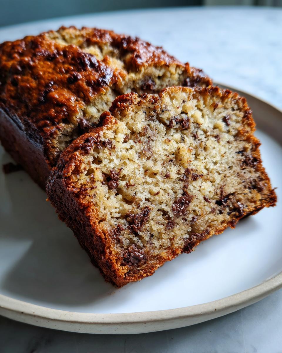 Close-up of a thick slice of moist banana bread recipe with visible chocolate chips on a white plate.