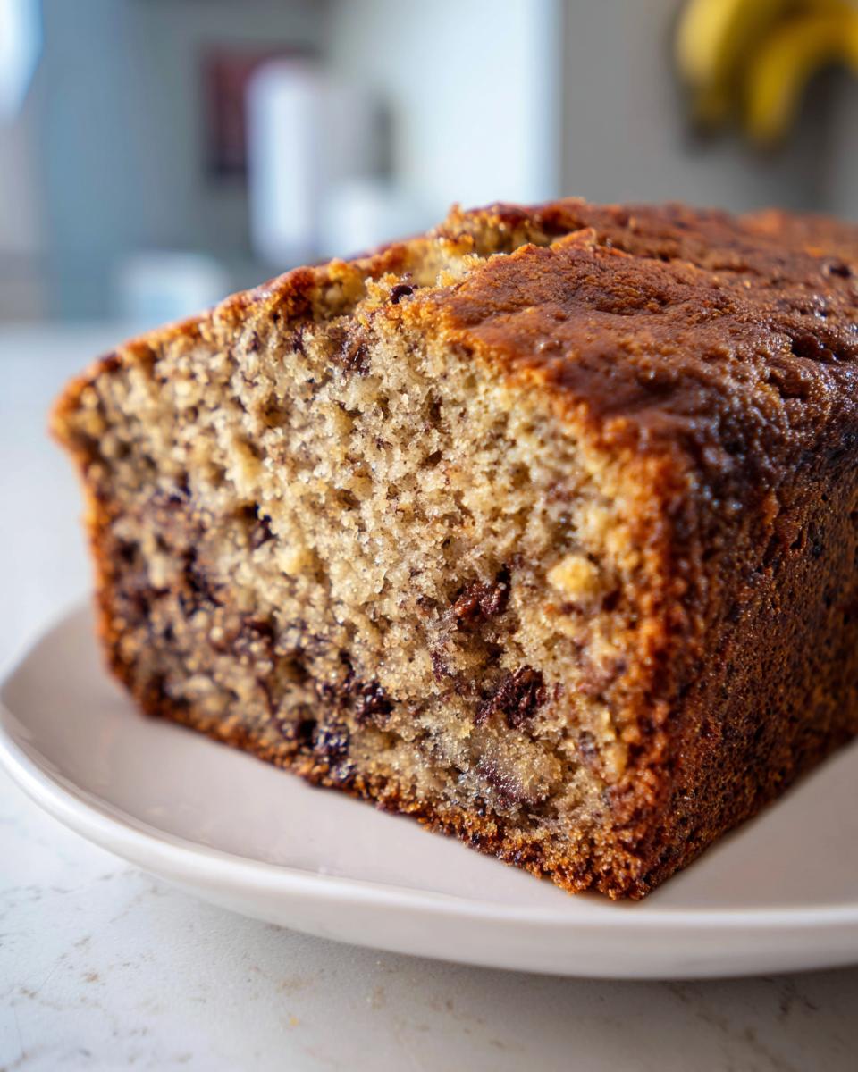 Close-up of a moist slice of chocolate chip banana bread recipe loaf on a white plate.