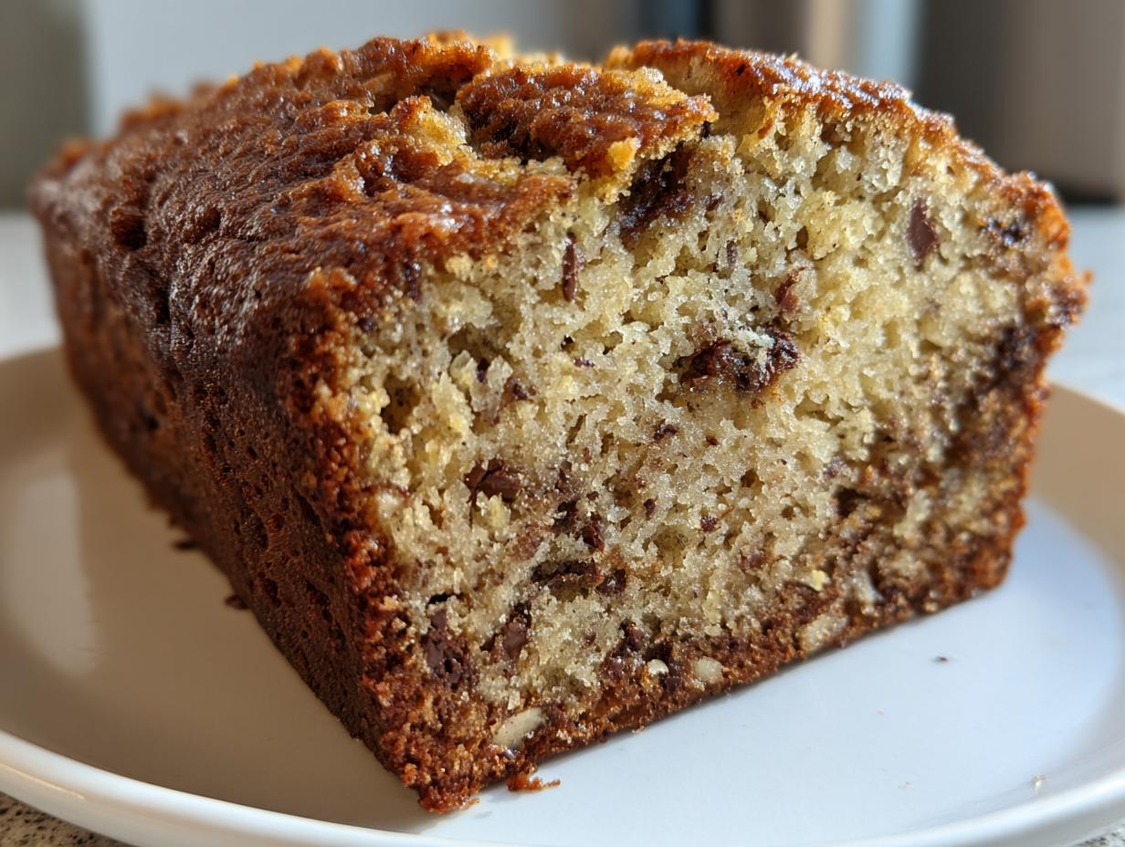 Close-up of a moist slice of chocolate chip banana bread showing its crumb texture and dark crust.