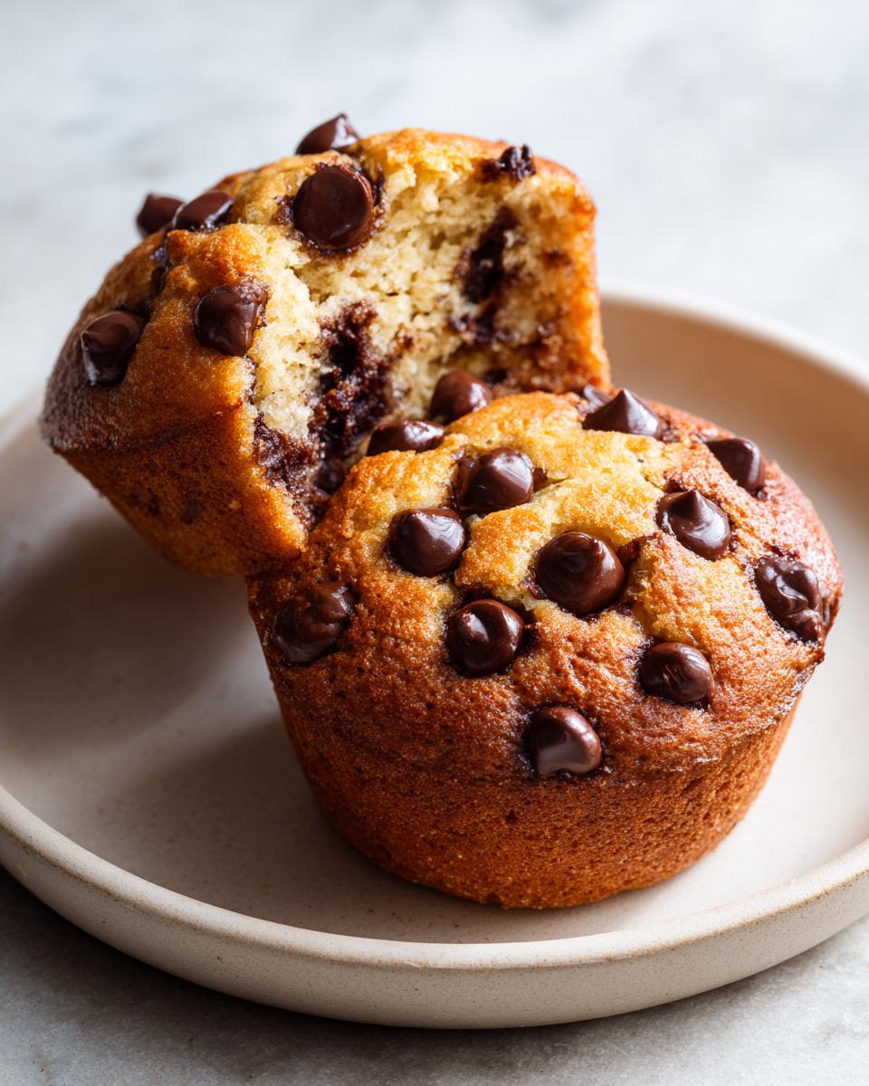 Two golden brown chocolate chip muffins on a plate, one is cut in half revealing a moist interior packed with melted chocolate chips.