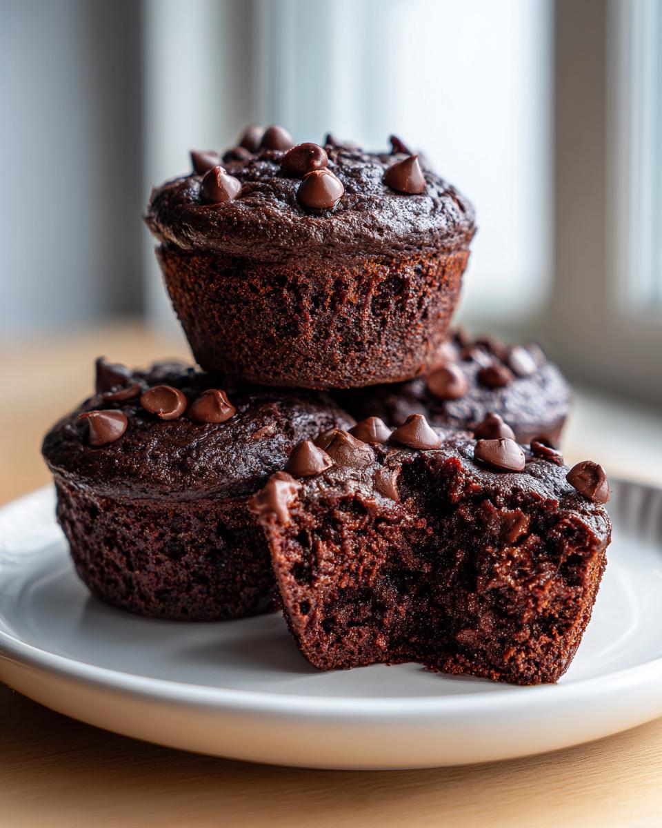 Three moist chocolate muffins stacked on a white plate, one with a bite taken out showing the rich interior.