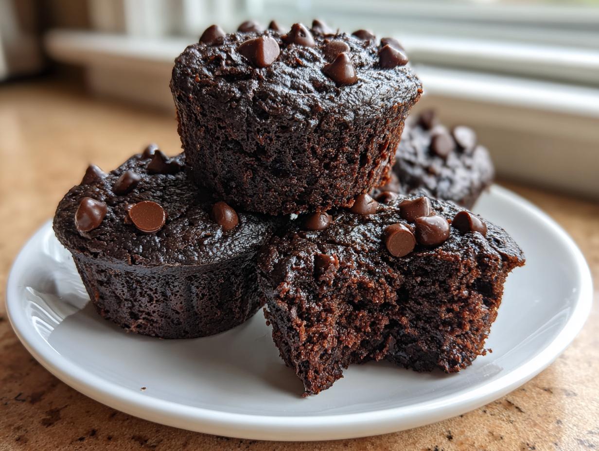 Close-up of three moist chocolate muffins topped with chocolate chips, one muffin has a bite taken out.