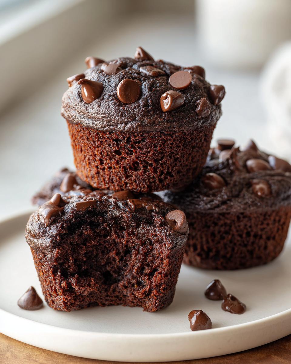 Close-up of three moist chocolate muffins stacked, one with a bite taken out, topped with melted chocolate chips.