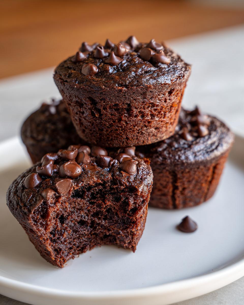 Close-up of moist chocolate muffins stacked on a white plate, one has a bite taken out showing the soft interior.