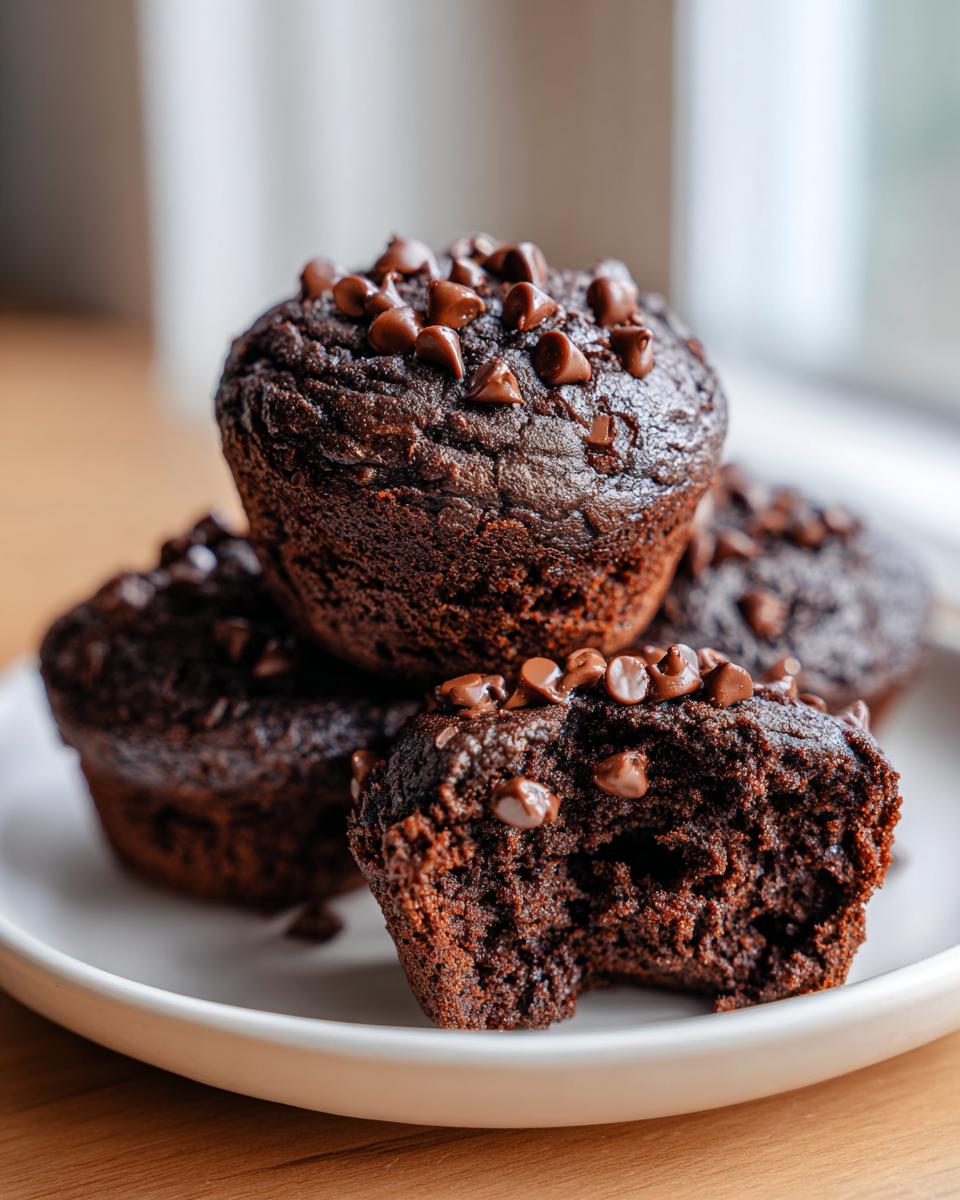 Close-up of moist chocolate muffins topped with chocolate chips, one muffin is broken open showing the texture.