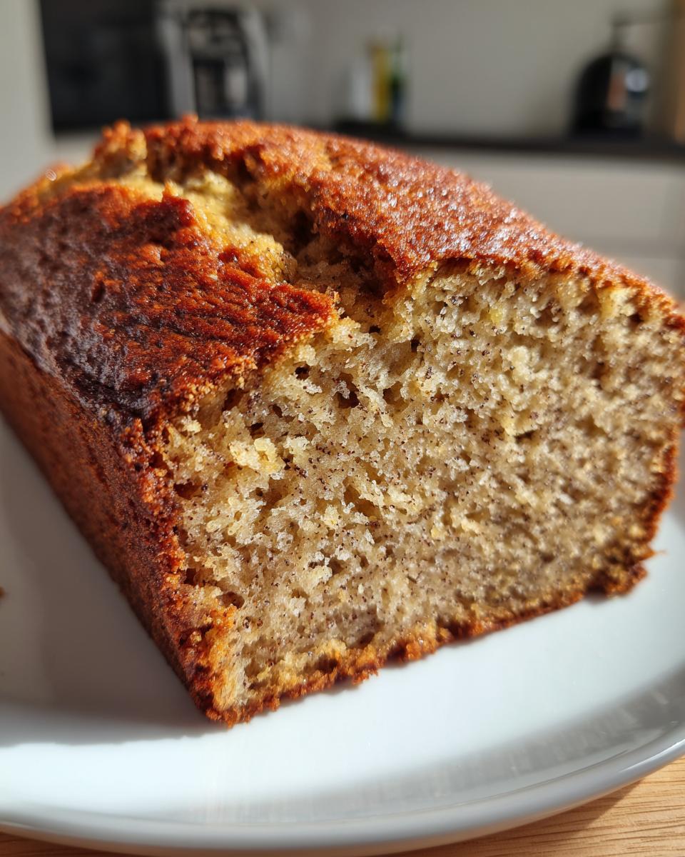 Close-up of a freshly baked loaf of cottage cheese banana bread showing a moist, speckled interior and dark golden crust.