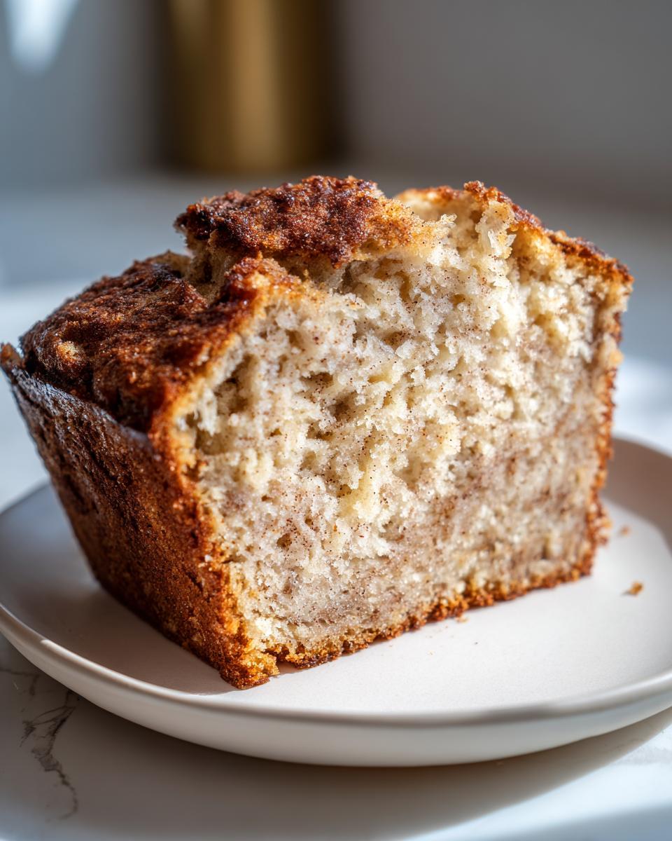 Close-up of a moist slice of cottage cheese banana bread featuring a cinnamon swirl and crunchy topping.
