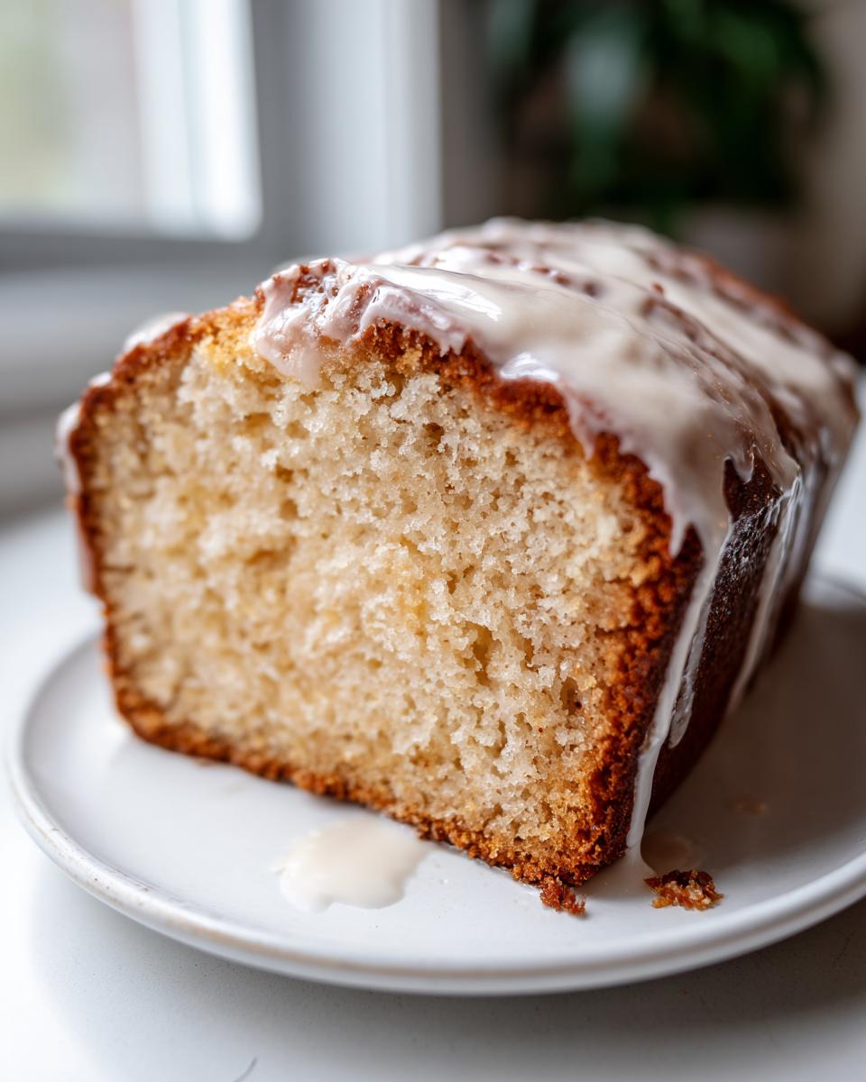 Close-up of a slice of moist eggnog bread with a thick vanilla glaze drizzled over the top.