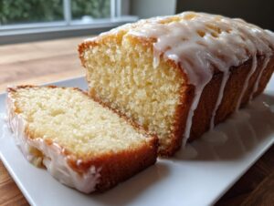 A close-up of moist eggnog bread, partially sliced, showing the crumb texture and thick vanilla glaze.