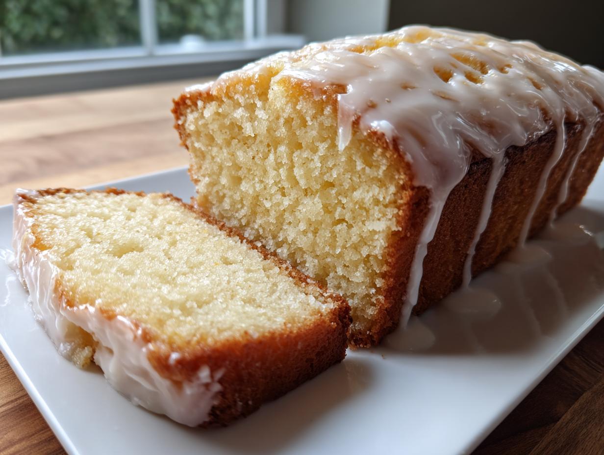 A close-up of moist eggnog bread, partially sliced, showing the crumb texture and thick vanilla glaze.