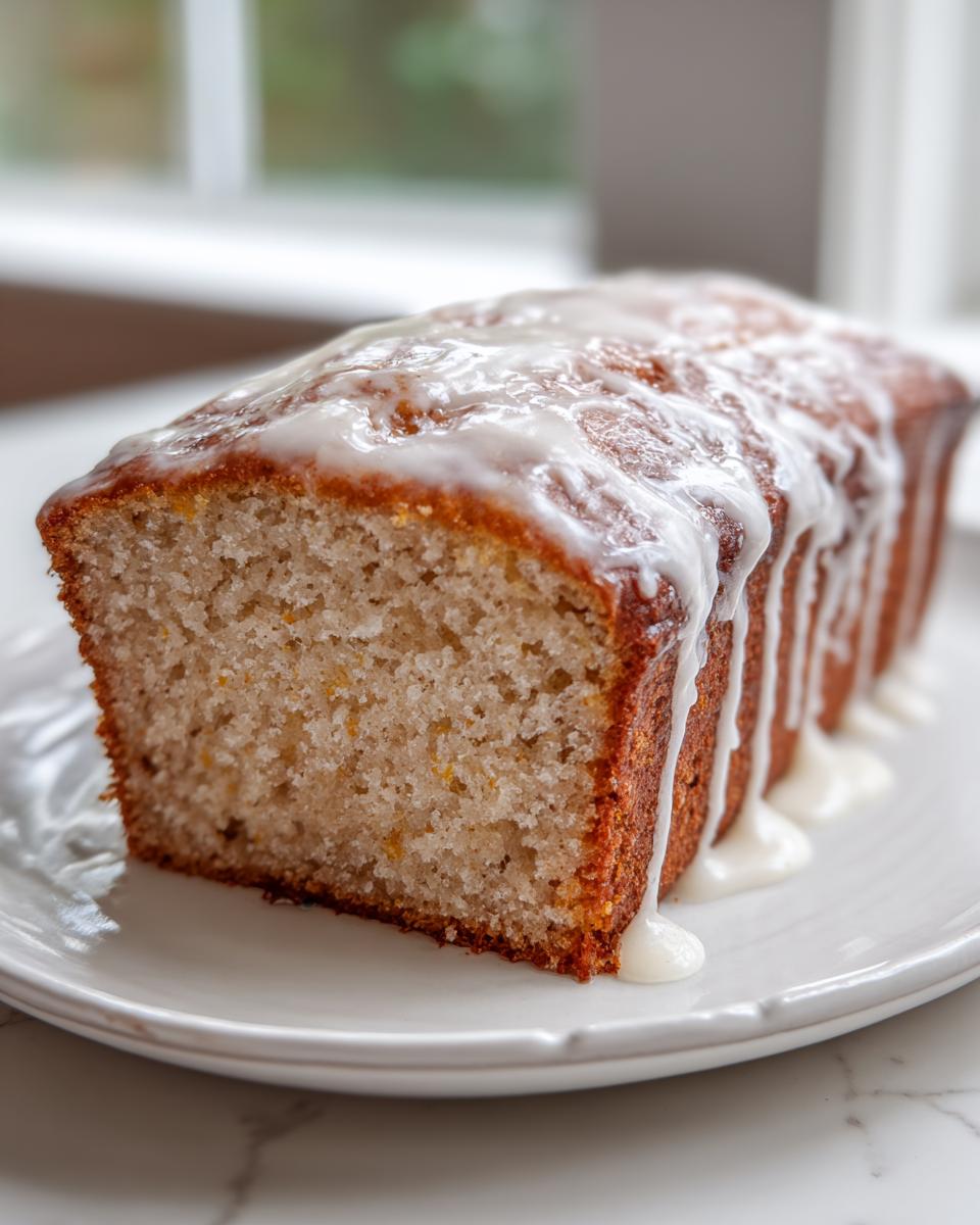 A close-up of a moist eggnog bread loaf, sliced to show the crumb, topped with a thick white glaze.