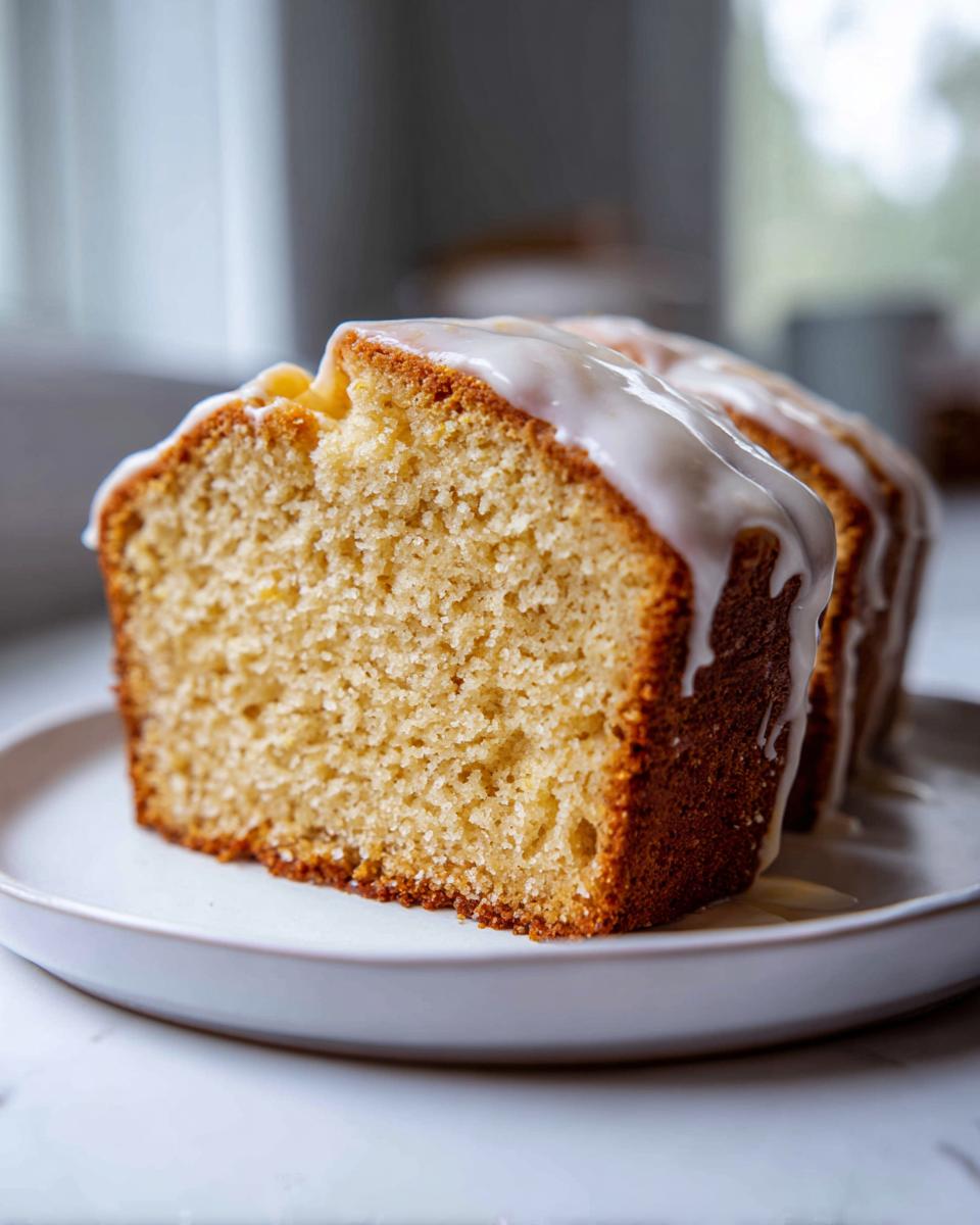 Close-up of a moist slice of eggnog bread topped with a thick white glaze, sitting on a white plate.