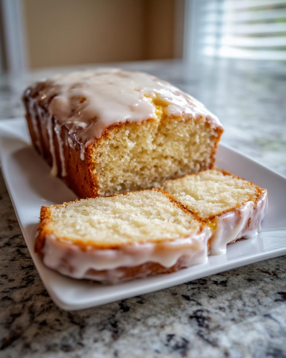 A loaf of moist eggnog bread, partially sliced, covered in a thick white glaze icing.