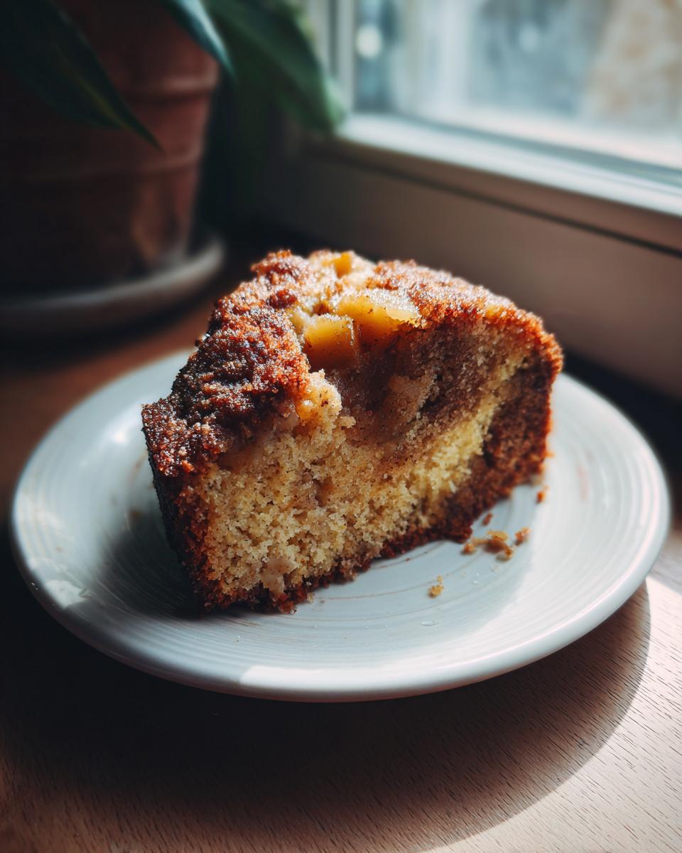 A close-up of a moist slice of jewish apple cake resting on a small white plate near a sunlit window.