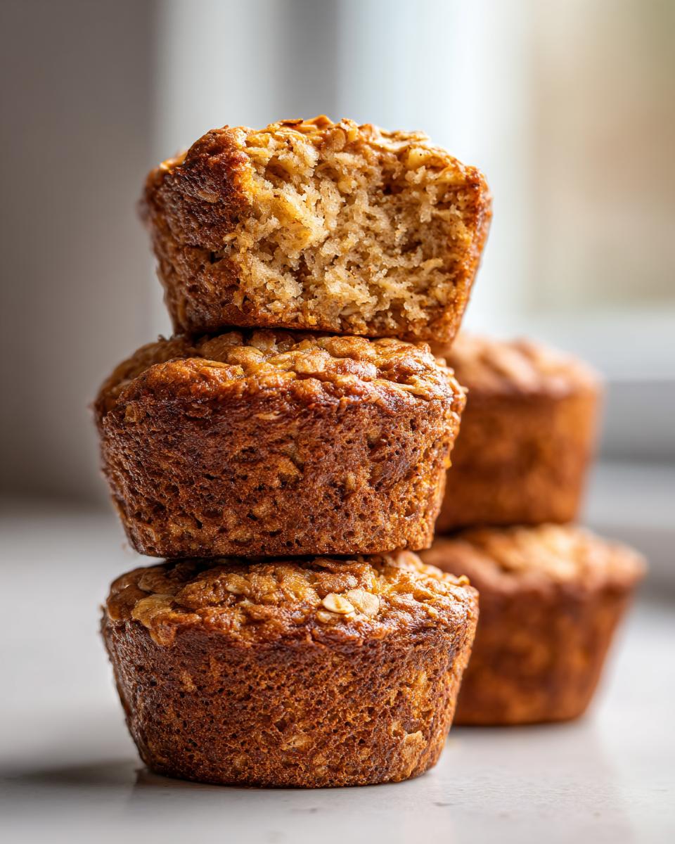 Close-up of a stack of three golden brown oatmeal muffins, one split open showing the moist interior.