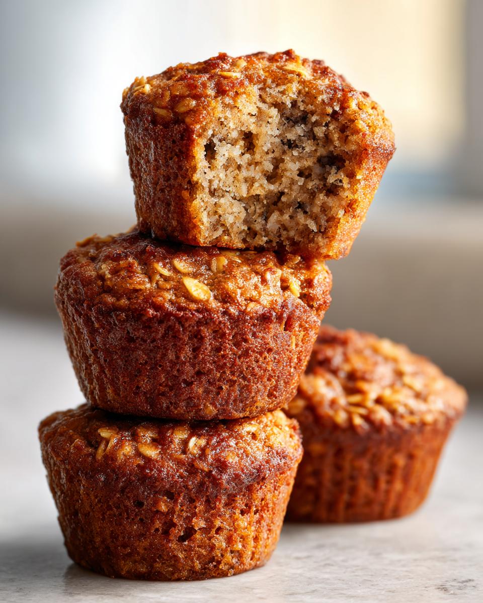 Close-up of three stacked, moist oatmeal muffins, with the top one having a bite taken out showing the texture.