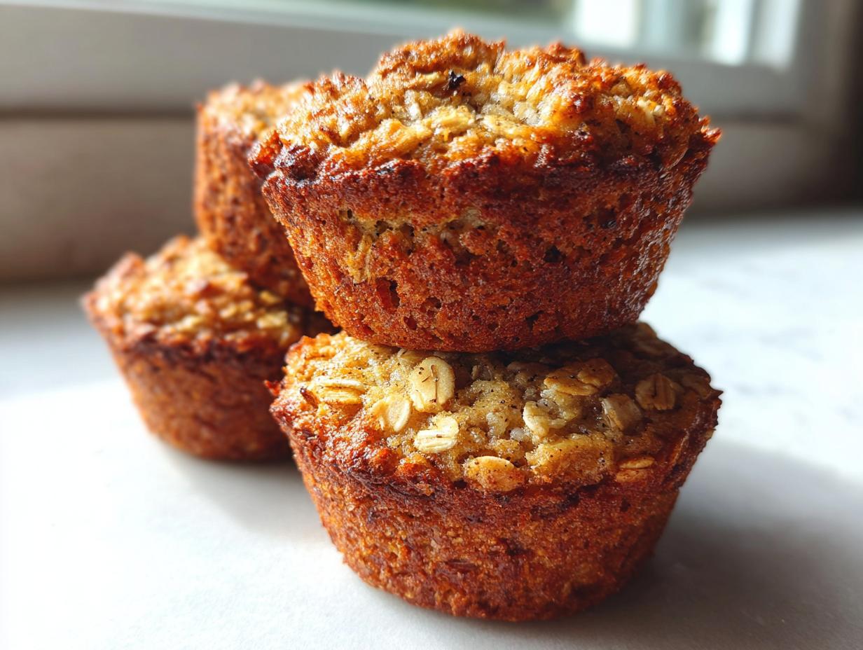 A stack of three golden-brown, moist oatmeal muffins with visible oats on top, set against a bright background.