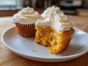 Close-up of a pumpkin spice cupcake with a bite taken out, showing the moist interior and thick cream cheese frosting.
