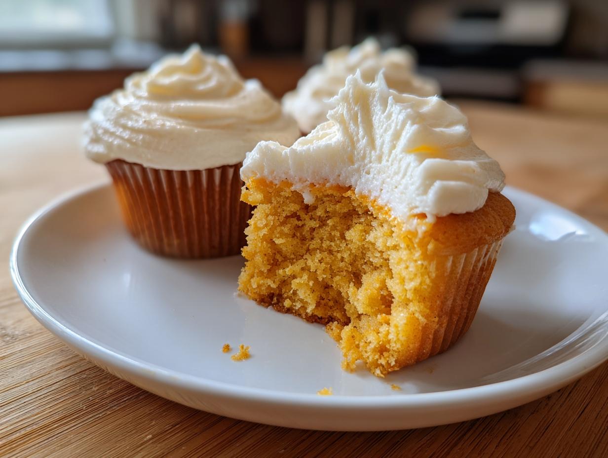 Close-up of a pumpkin spice cupcake with a bite taken out, showing the moist interior and thick cream cheese frosting.