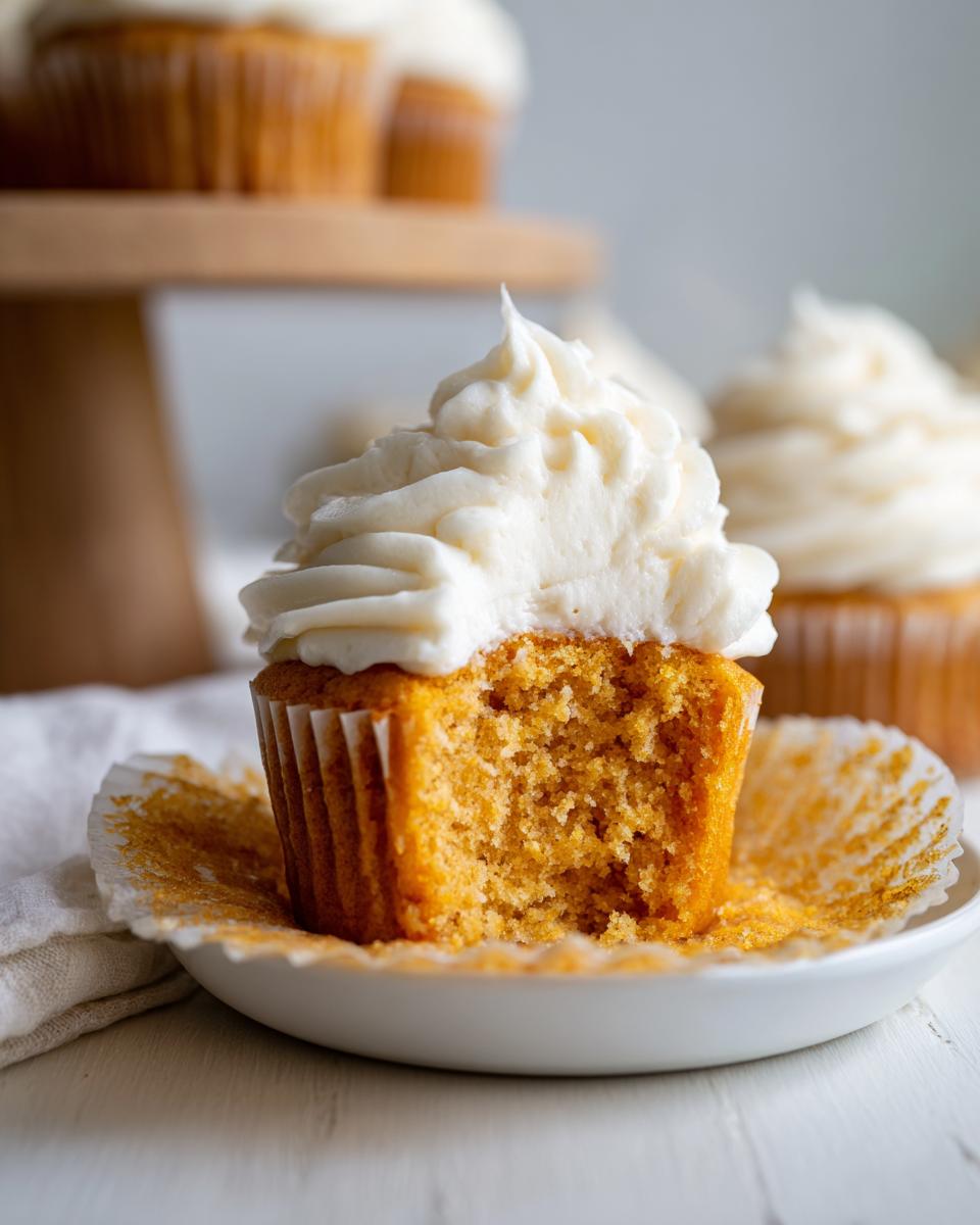 Close-up of a bitten pumpkin spice cupcake showing the moist interior and thick cream cheese frosting.