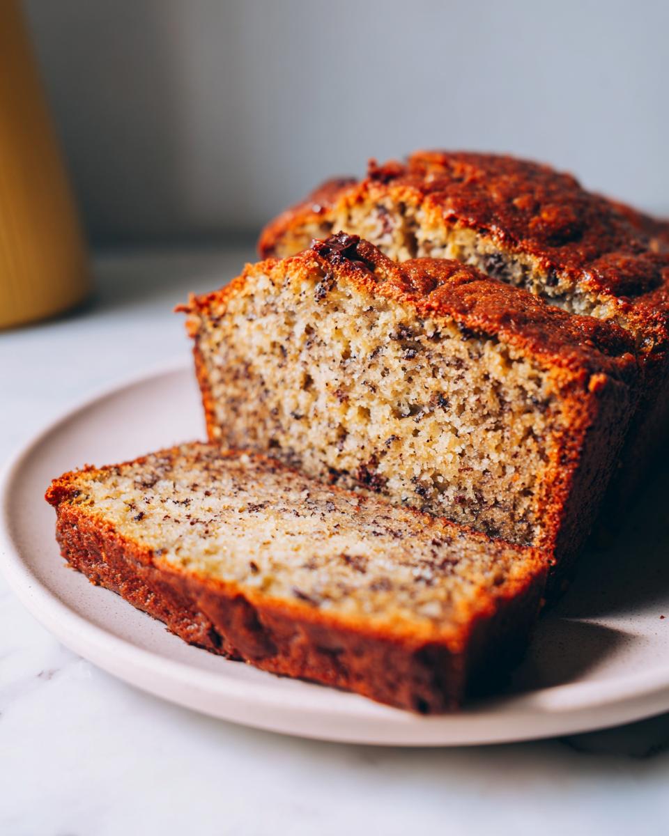 Close-up of two moist slices of banana bread recipe showing dark specks of mashed banana.