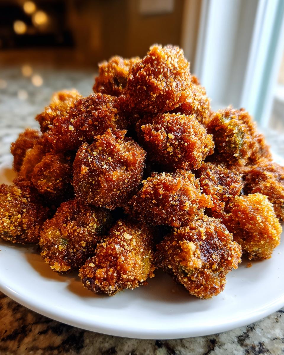 A tall mound of golden-brown, crunchy fried okra piled high on a white plate.