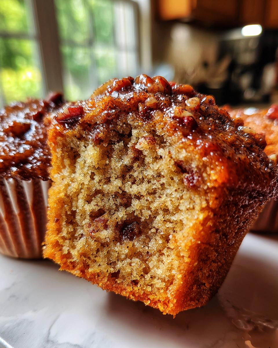 Close-up view of a pecan pie muffin cut in half, showing a moist, crumbly interior and a gooey, caramelized pecan topping.
