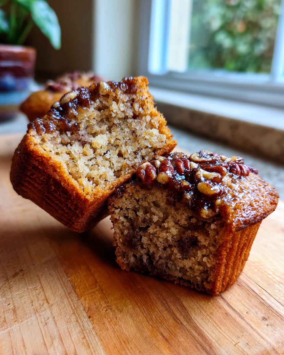 A pecan pie muffin cut in half showing the moist interior and gooey pecan topping.
