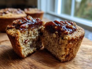 A pecan pie muffin cut in half, showing the moist crumb and gooey pecan topping.