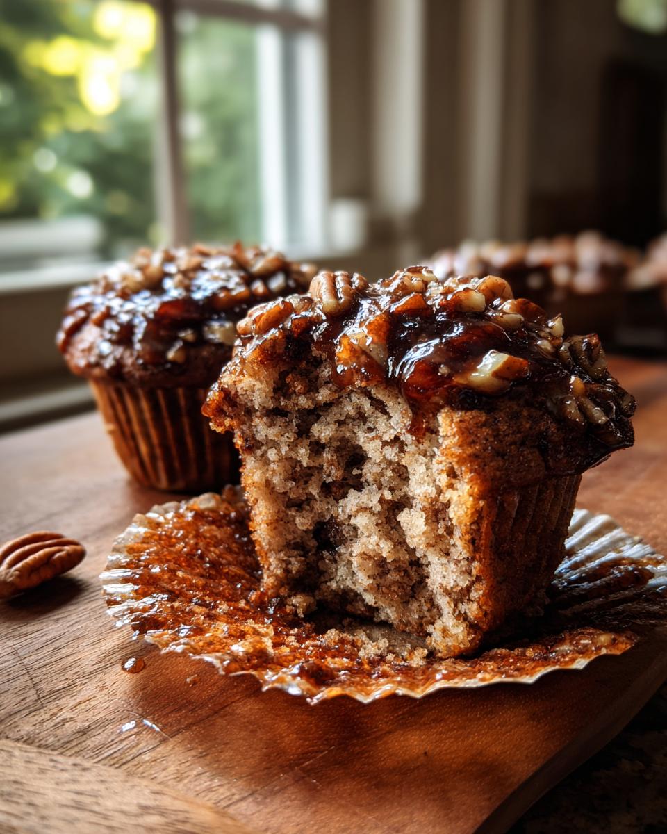 A pecan pie muffin cut in half showing the moist interior, topped with sticky glaze and pecans.