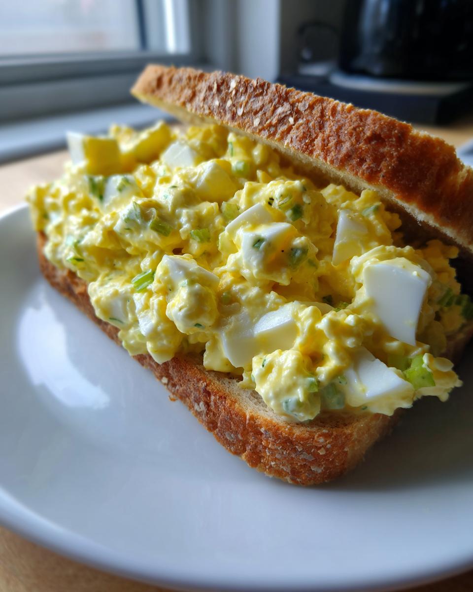 A close-up of a hearty egg salad sandwich on toasted whole wheat bread, showing chunky egg pieces.