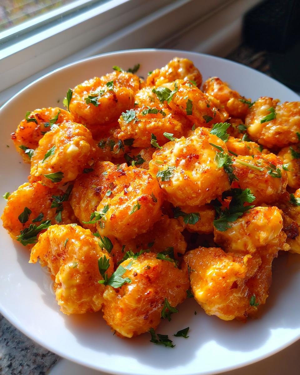 A white plate piled high with creamy, orange-glazed bang bang shrimp, garnished with fresh chopped parsley.