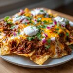 A close-up of loaded pulled pork nachos covered in melted cheese, sour cream, and red onion.