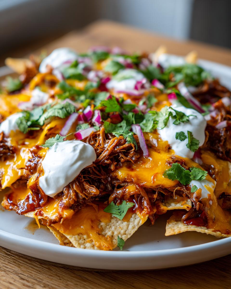 Close-up of loaded pulled pork nachos topped with melted cheddar, sour cream dollops, cilantro, and red onion.