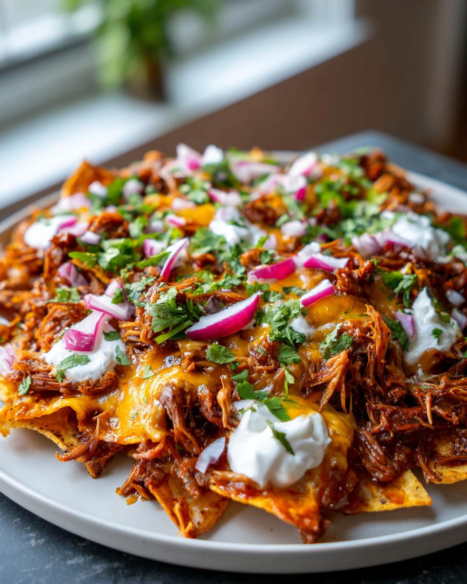 A close-up of fully loaded pulled pork nachos covered in melted cheese, sour cream, cilantro, and sliced radishes.