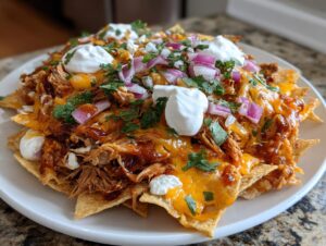 A plate piled high with loaded pulled pork nachos, melted cheddar cheese, sour cream dollops, and red onion.