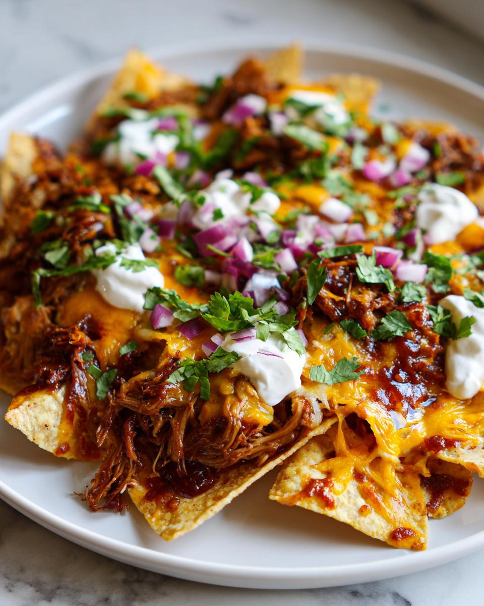 Close-up of loaded pulled pork nachos topped with melted cheese, sour cream, red onion, and cilantro.